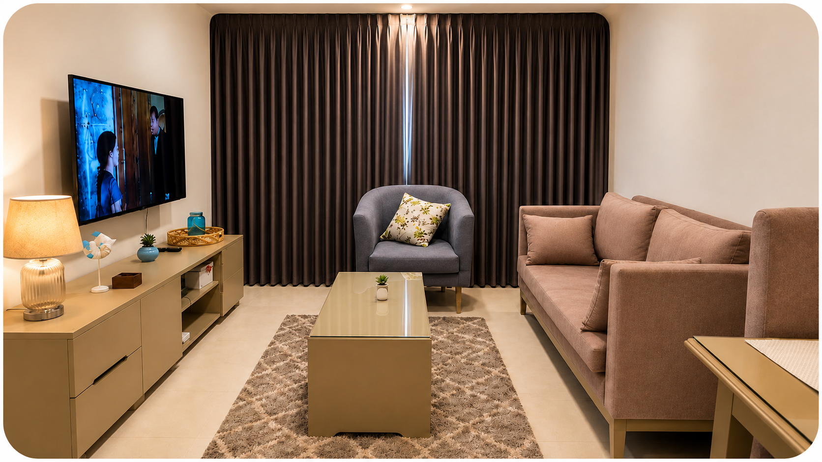 Living room with TV at Sky Studio beachfront apartment